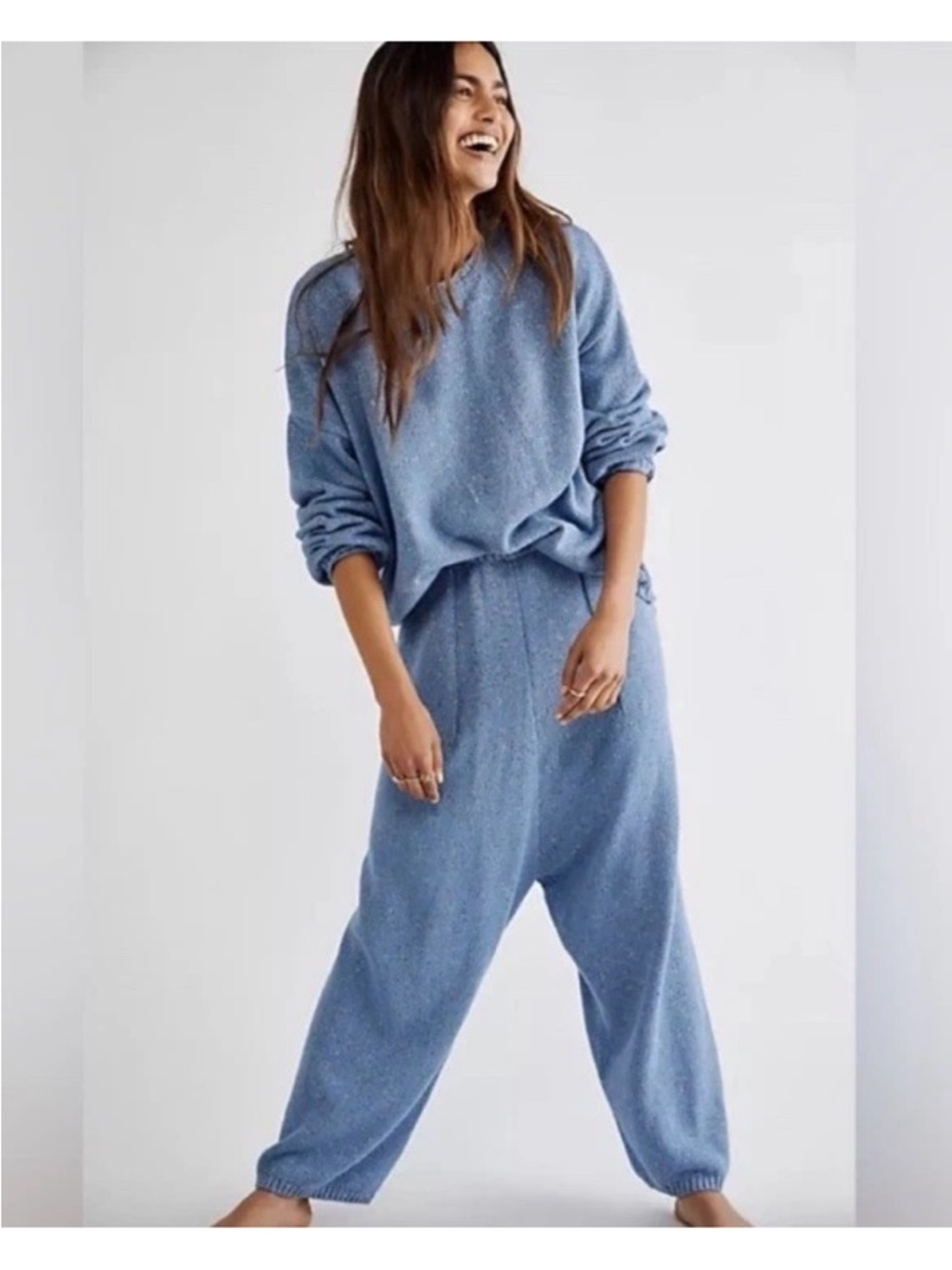 Free People Beach Blue Speckled Gio Knit Lounge Pants Sweater Outfit XS